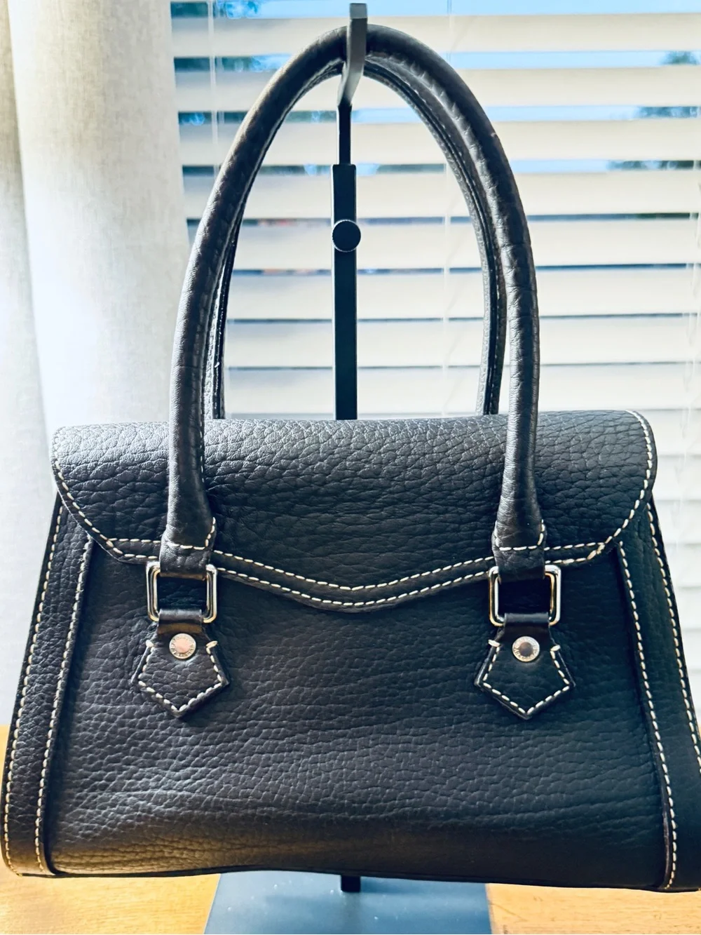 Vintage Dooney & Bourke Black Pebbled Leather Flap Satchel Bag with Lock & Key
